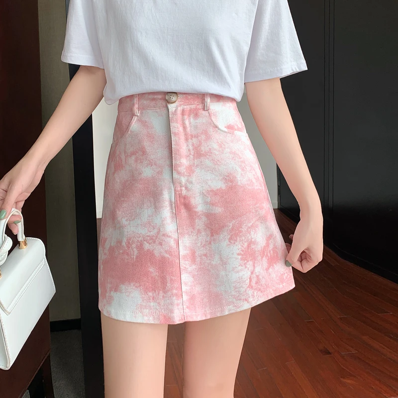 Fashion Pink Tie-dye Skirts Women 2021 New High Waist Cow Print Denim Skirt Female Korean Fashion Dot Jean Mini Skirt S-XL janevini artificial bridesmaid flowers red rose silk pink bridal small wedding bouquets bride ramo peonias kwiaty sztuczne 2021