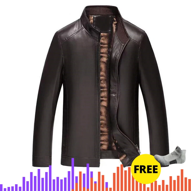 Plus velvet-brown Зимнее мужское кожаное пальто Jaqueta Couro, мужская кожаная куртка, Мужская Кожаная Мотоциклетная легкая куртка со стоячим воротником - Цвет: Plus velvet-brown
