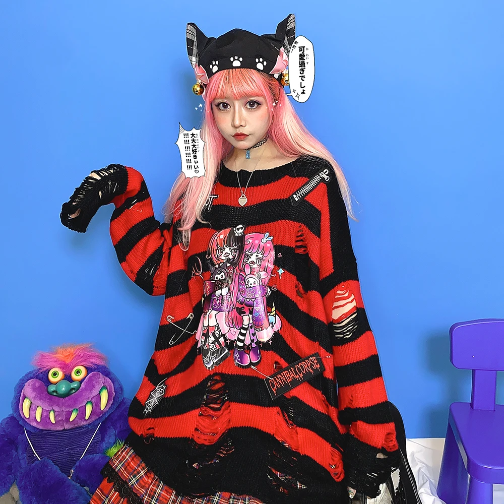 

Y2K Japanese Harajuku Punk Holes Sweater Red Black Striped loose Anime Print Zipper Ripped Knit Pullovers Gothic Girls Clothing