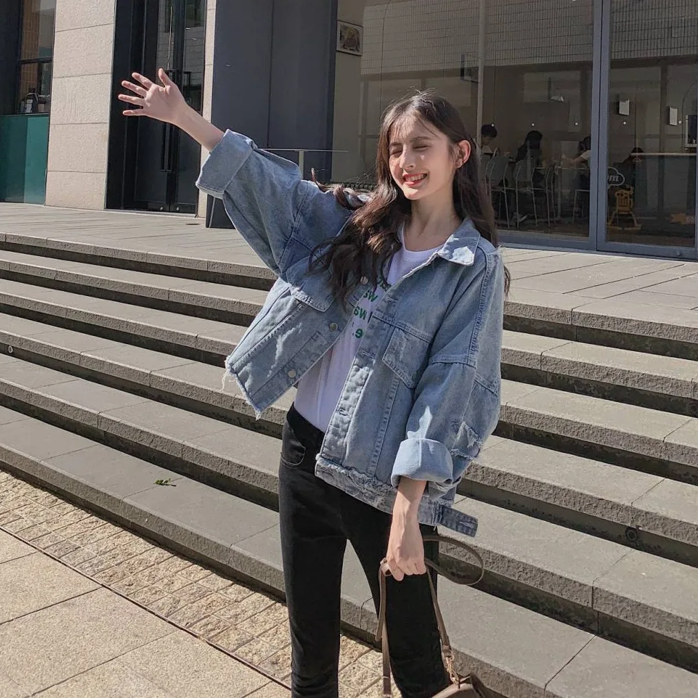 

Photo Shoot INS Scheming Tops Sense of Design Fold-down Collar Loose-Fit Casual BF Wash Old with Holes Denim Jacket Short Jacket