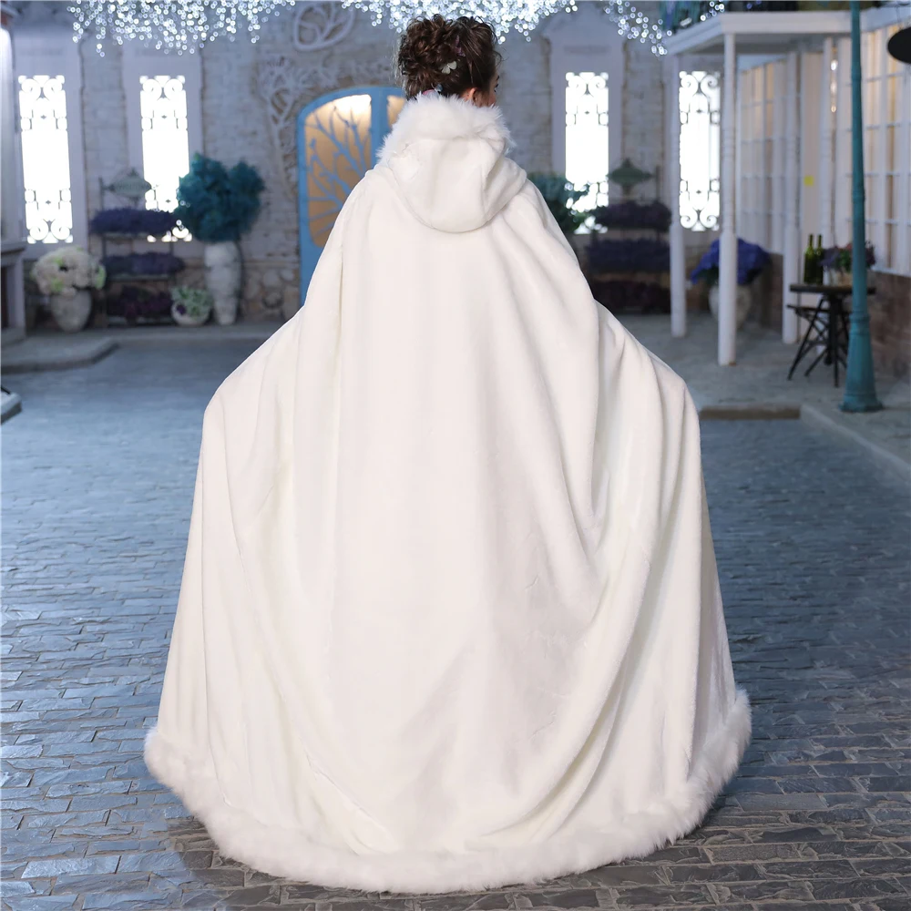 Winter Princess Cloak Hooded Faux Fur White Bridal Wedding Long Cape Floor Warm Fur Women Jacket Cloaks for Halloween Handmade