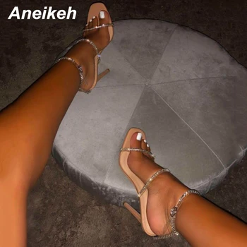 

Aneikeh NEW Sexy Rhinestone PVC Sandals Gladiator Open Toe Crystal Thin Heels Summer Women High Heels Ankle Strap Sandals Pumps