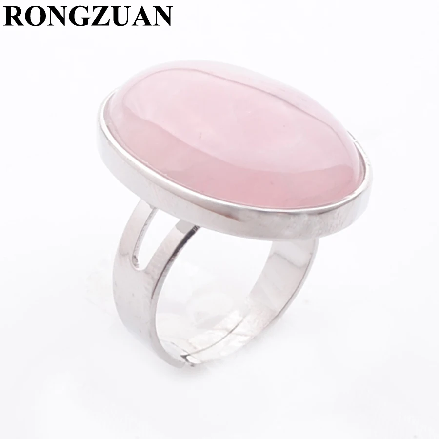 

Beautiful Jewelry Party Ring Silver Color Natural Cabochon stone Bead Rose Quartzs Adjustable Finger Rings for Women Gift TX3073