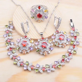 

Luxurious Multicolor Zirconia Silver Plated Jewelry Set For Women Engagement Gift Bracelet Necklace Pendant Earrings Ring QS0705