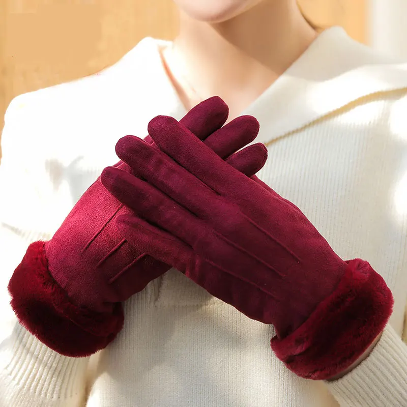 Модные зимние женские шерстяные меховые перчатки, замшевые перчатки с бантом для женщин и девочек, элегантные теплые варежки enfant fille handschuh - Цвет: StyleB Wine Red