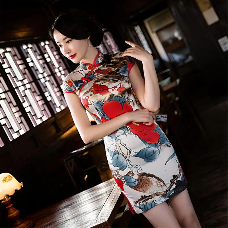 Элегантный тонкий Ципао китайский воротник Qipao Мини Cheongsam сексуальный Китайский классический размер S-2XL