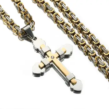 

New Arrive Stainless Steel Jesus Cross Crystal Pendant Rock Men's Women's Necklace Jewelry With Byzantium Link Chain 18-40''