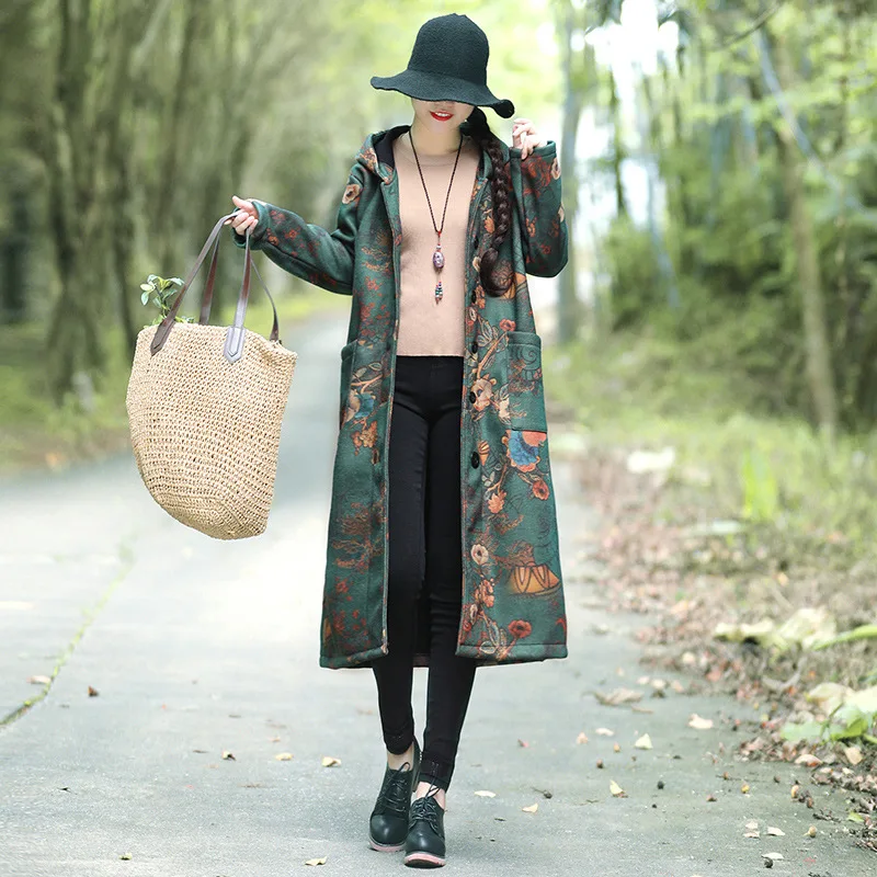 

2019 Autumn And Winter New Style Ethnic-Style Loose And Plus-sized WOMEN'S Dress Woolen Cloth Printing plus Velvet Hooded WOMEN'