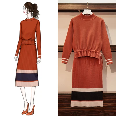 

2019 New Autumn Winter Two Piece Set Women Suit Knit Sweaters Tops+High Waist Hit Color Striped Mid-Long Skirts High Quality Set