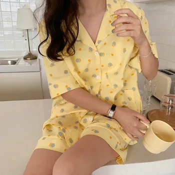 

Pijamas women new cotton linen shorts sleepwear set cartoon cute women's pajamas breathable summer pijama suit pyjama femme