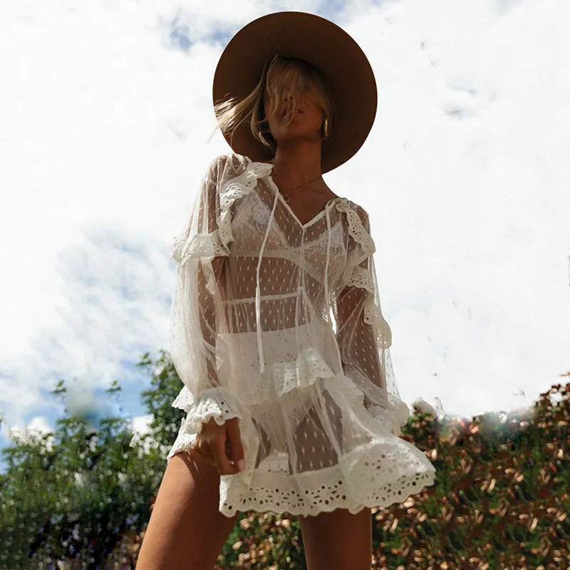 

New Summer Dress Women Lace Hollow Out Petal Sleeve V-neck Bohemian Vintage Halter Dress Holiday Beachwear Female Clothing 2019