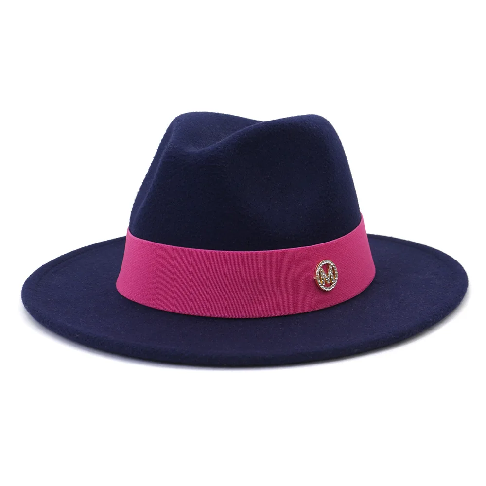 mens straw fedora Women Hats British Style M letter Ribbon Band Felt Fedora Hats Winter Autumn Wide Brim Pink Dress Formal Jazz Wedding Hat felt fedora hat Fedoras