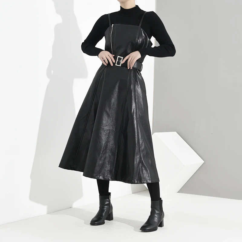 [EAM] женское черное кожаное платье на молнии с разрезом, новинка, платье без рукавов, свободный крой, модный стиль, весна-осень JD0320