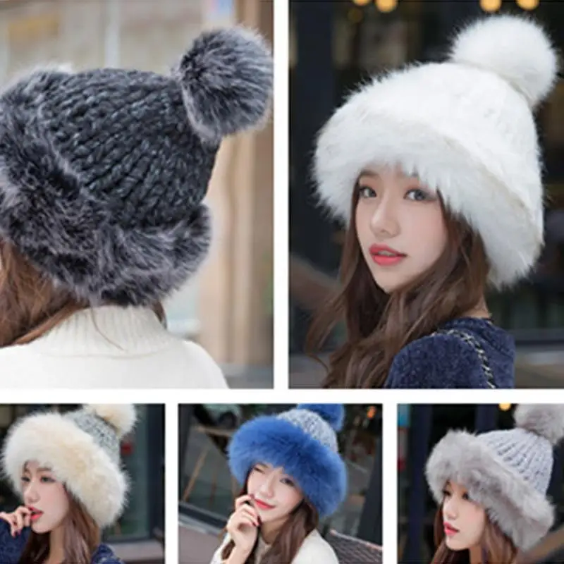 

Gift Fluffy Faux Fur Ski Hat Pompom Cap Women Knitted Rabbit Holiday Knit Beanie Winter