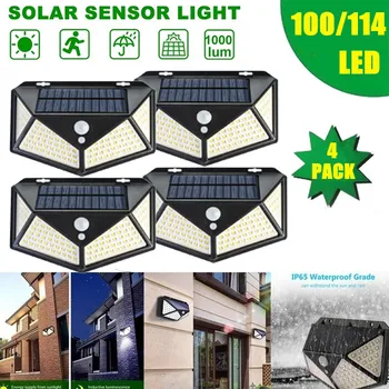 

100 LED Four-Sided Solar Power Light JUNEJOUR 3 270 Degree Angle Motion Sensor Wall Lamp Outdoor Waterproof Garden Lamps