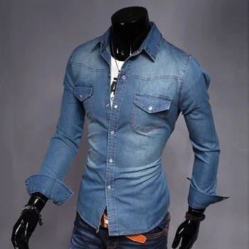 

2019 New Fashion Boutique Black Blue Denim Men's Slim Casual Long-sleeved Shirts Male Denim Shirt Large Size S-5XL