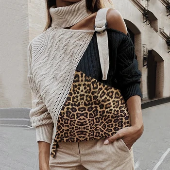 

2020 Patchwork Turtleneck Sweater Women Sexy Shoulder Color Block Knitted Sweaters Batwing Long Sleeve Pullover