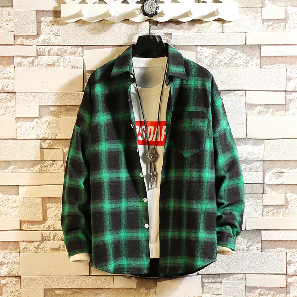 Плед рубашки для мужчин повседневные пуговицы Camisa Masculina с длинным рукавом Осень Зима Топы блузка свободные мужские платья хип хоп плюс Размер M-5XL