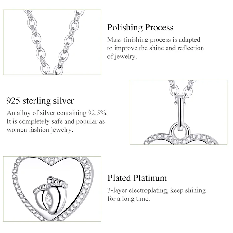 WOSTU Real 925 Sterling Silver Necklaces Footprints Heart Pendant Long Chain Link For Women Friendship Fashion Jewelry FIN354