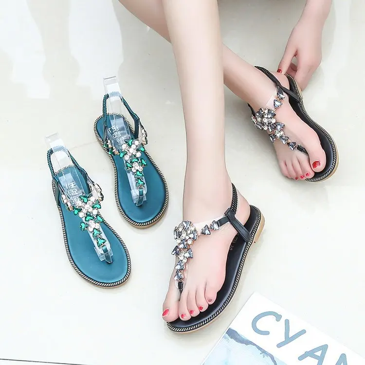 Foreign Trade WOMEN'S Sandals 2018 Flat Heel Man-made Diamond Ankle Mix with Split Toe Sandals Women's Versatile Comfortable San
