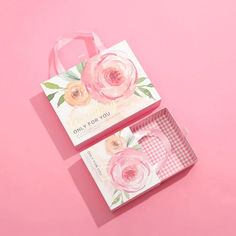 

New Style Pink Flowers Paper Cardboard Drawer Packaging Boxes Wedding Party Candy Box Love Christmas Handmade Gifts Boxes