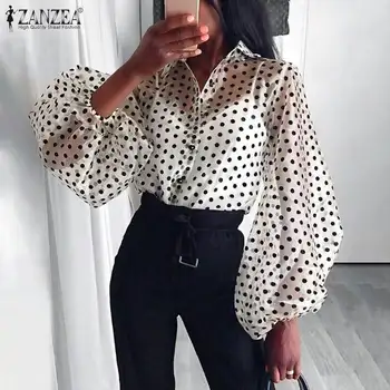

ZANZEA Fashion Women Polka Dot Blouse Sexy Mesh Tops Summer Long Puff Sleeve Buttons Blusas Robe Femme See Through Party Shirt