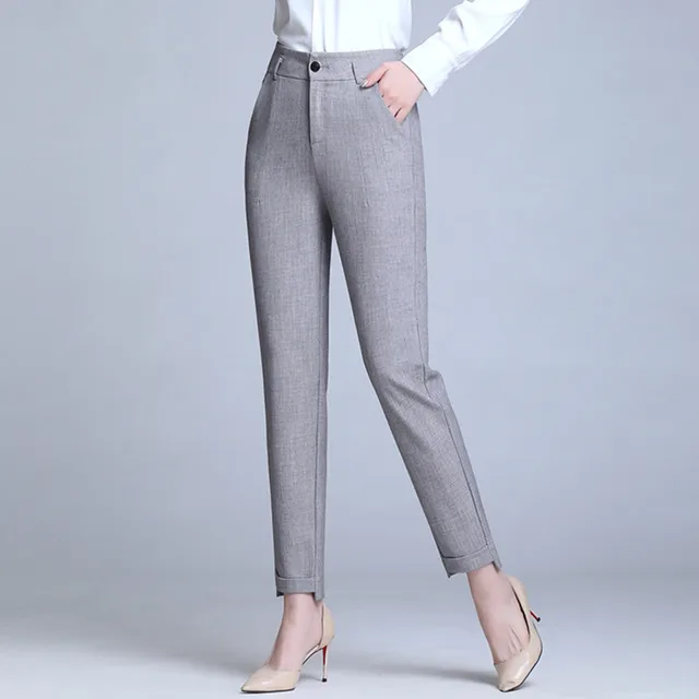 Gray Apricot Women Casual Straight Pants High Waist Suit Pants Elegant Work Ankle-length Trousers 2