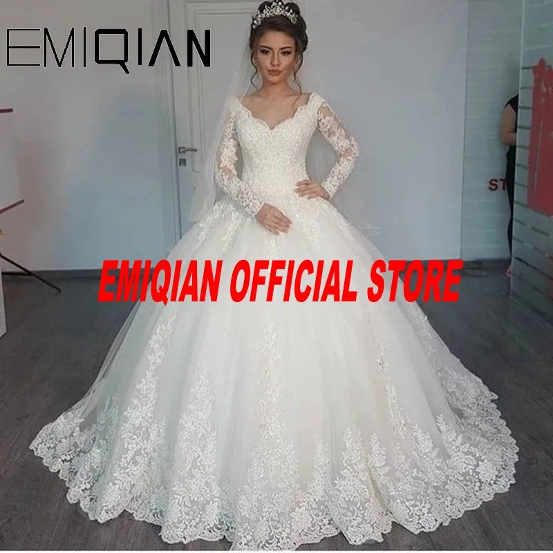 

New Romantic V-neck Elegant Princess Wedding Dress Long Sleeves Appliques Celebrity Ball Gown vestido De Noiva