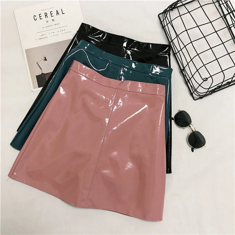 RuiLee Chic OL office Elegant Pencil Mini Skirts High Waist Bodycon Black PU Patent Glossy Leather Sheath Wrap Skirts Female