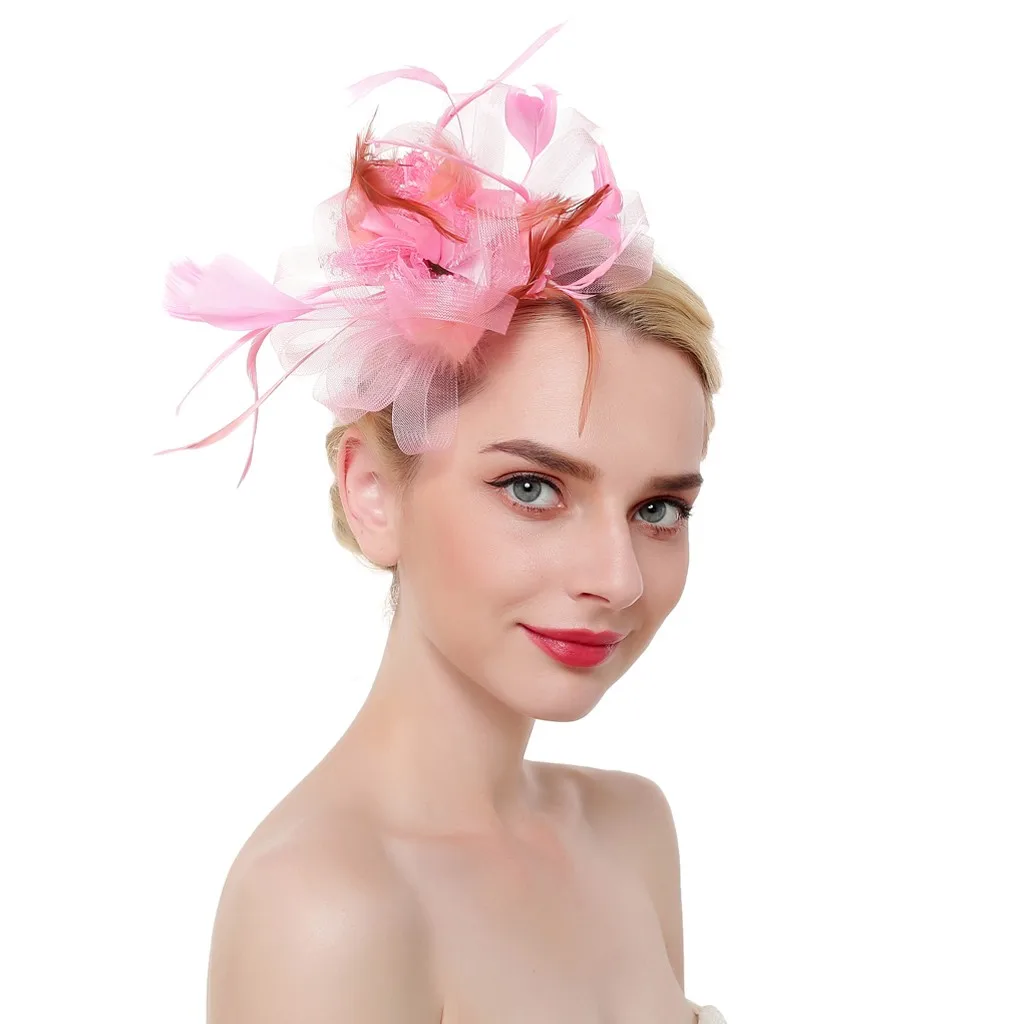 Women Mesh Ribbons Feathers Headband Cocktail Tea Party Hat Headwear For Women Jewelry 8.22