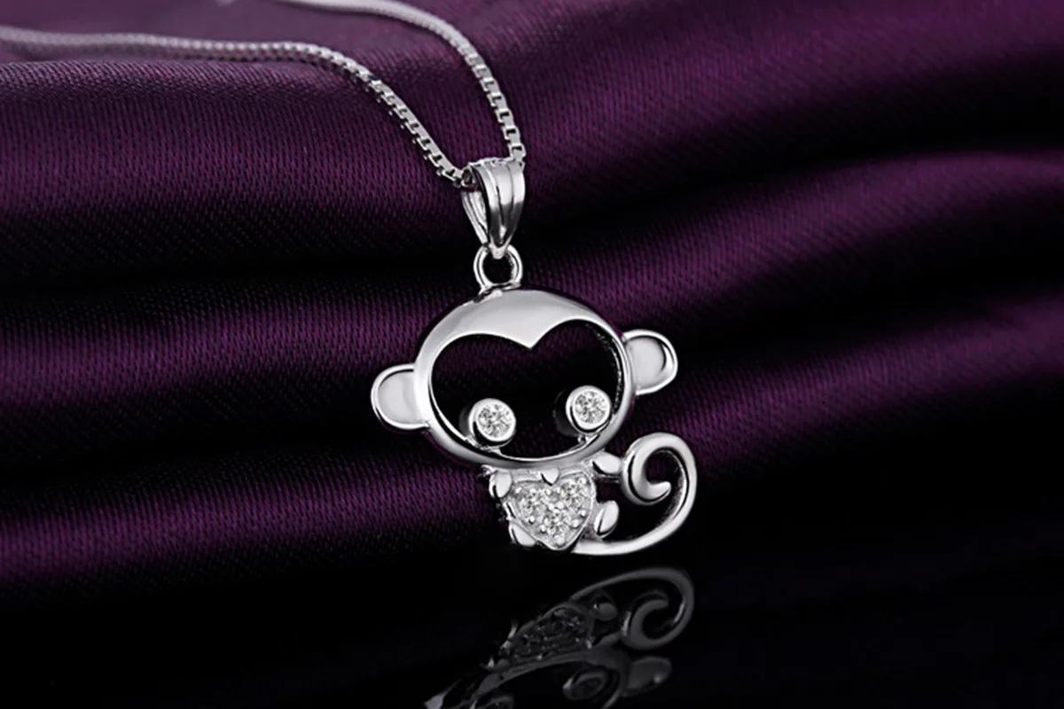 925 Sterling Silver Zodiac Monkey Year Pendant Playful Monkey Necklace Playful Zircon Crystal Love Necklace