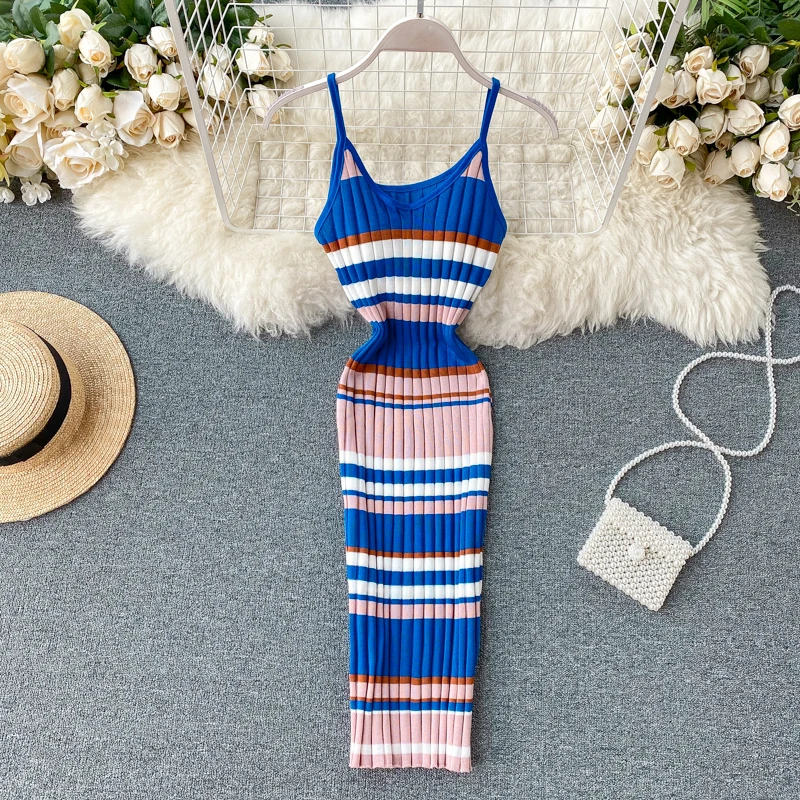 Vintage 2020 V Neck sexy striped print Slim Bodycon Knitted short Dress Summer Party Women spaghetti strap dress Club dresses
