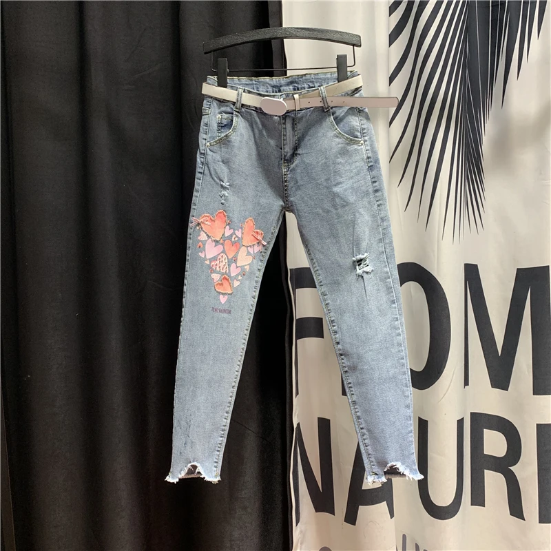

Printed Love Heart Beaded Jeans Women's 2020 Spring New Style High Waist Slim Skinny Pencil Denim Pants Holes Jeans Ladies