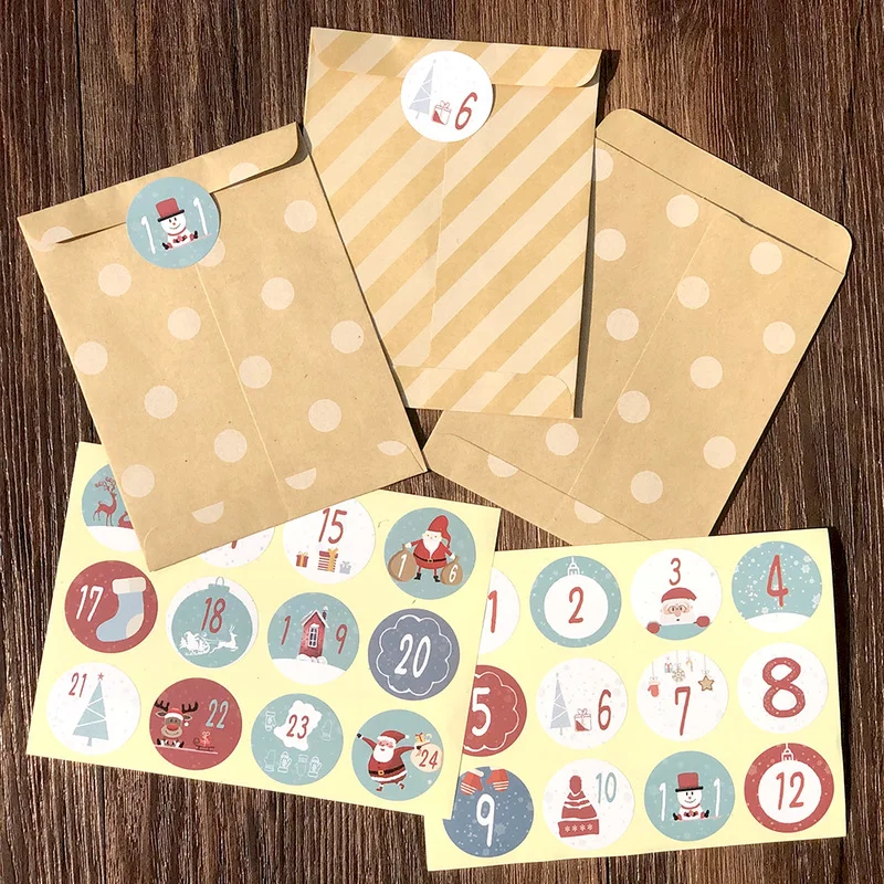 

24pcs Kraft Paper Bags with Christmas Calendar Sticker Dots Striped Gift Bag Xmas Candy Gift Packing Bag New Year Supplies