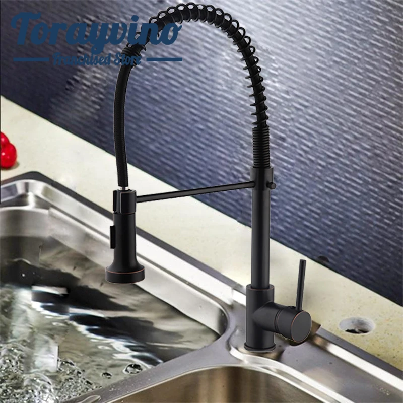 

Torayvino Kitchen Swivel rotating pull Out Faucet Modern ORB & Black Sink taps hot cold mixer faucets