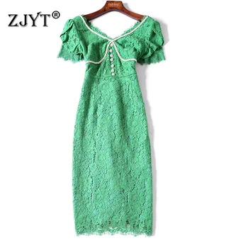 

High Quality Designer Runway Summer Dress Short Sleeve Women Clothes Elegant 2020 New Diamonds V Neck Slim Midi Lace Dress White
