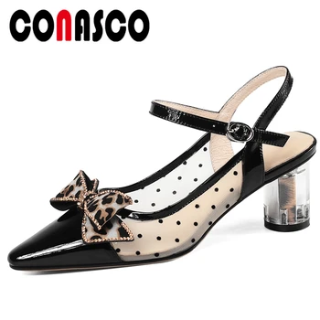 

CONASCO Spring Summer Women Pumps Butterfly-Knot Patent Leather High Heels Pointed Toe Shoes Woman Fashion Elegant Mesh Pumps