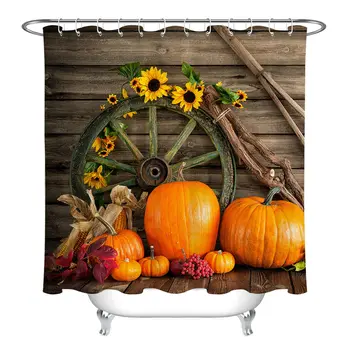 

Rustic Chalet Autumn Pumpkins Wheel Fabric Shower Curtain Set Bathroom Decor