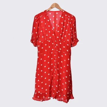 

Red Color Women's Dot Printed Short Dress Short Puff Sleeved V-neck Ruffles Buttons Vintage Mini Dresses