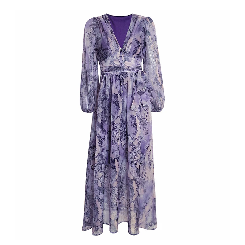 Maxi Printed Purple Women Chiffon Dress 