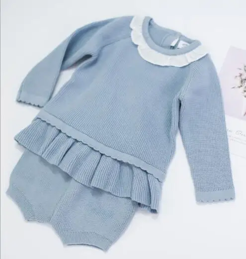 sky blue Осенняя одежда для маленьких мальчиков трикотажные комплекты для маленьких девочек хлопковые кардиганы и шорты Комплект однотонной одежды для малышей из 2 предметов, комплект одежды для девочек, вязаный - Цвет: sky blue