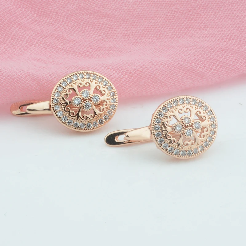 Женские круглые серьги FJ 585 цвета розового золота, популярные белые серьги с кубическим цирконием и пустыми цветами