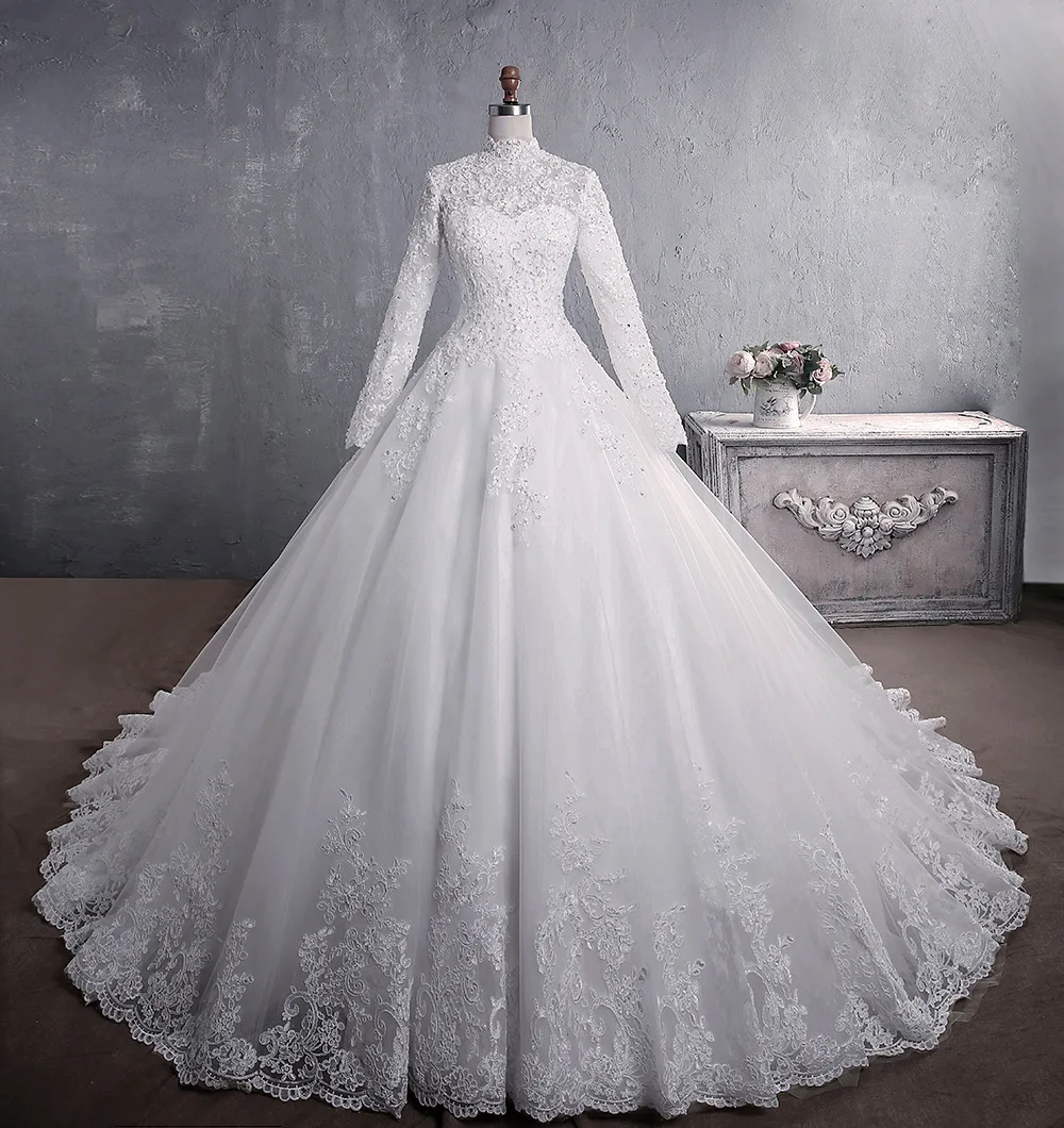 Muslim Wedding Dress 2021 Elegant High Neck With Train Princess Bride Dress Luxury Lace Embroidery Wedding Gown Vestido De Noiva