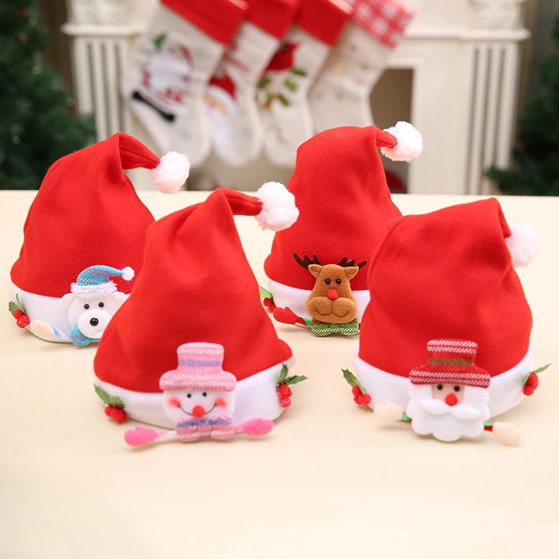 

2020 New Year Applique Santa Snowman Elk Christmas Hat Boy Girl Home Decoration Non-woven Cute Hat Children Gift