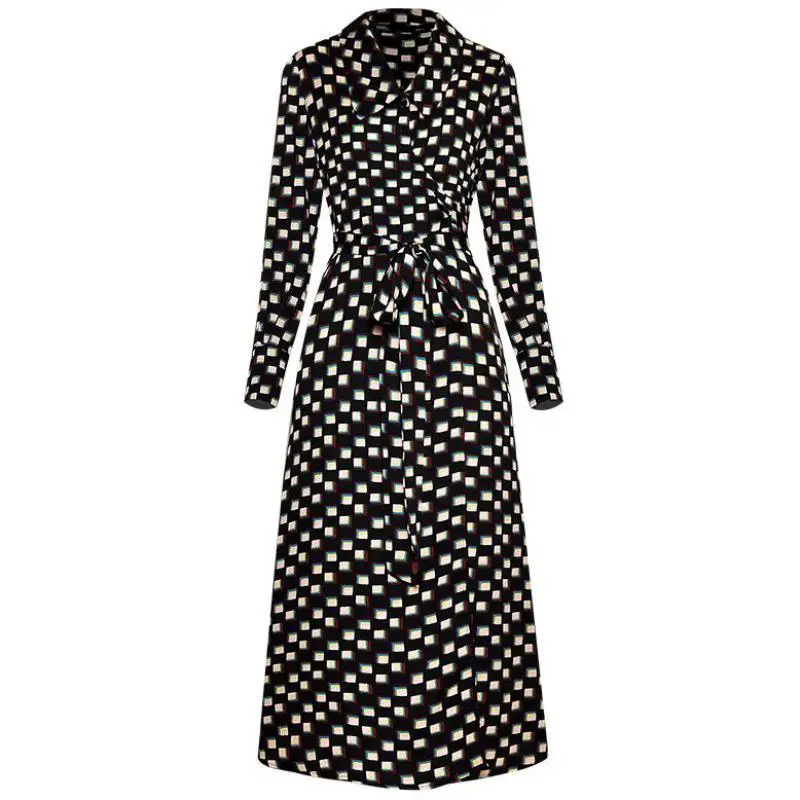 

Red RoosaRosee Designer Geometric Print Dress Women Long Sleeve Turn-down Collar Lace-up Dresses Female 2019 Vintage Fashion New