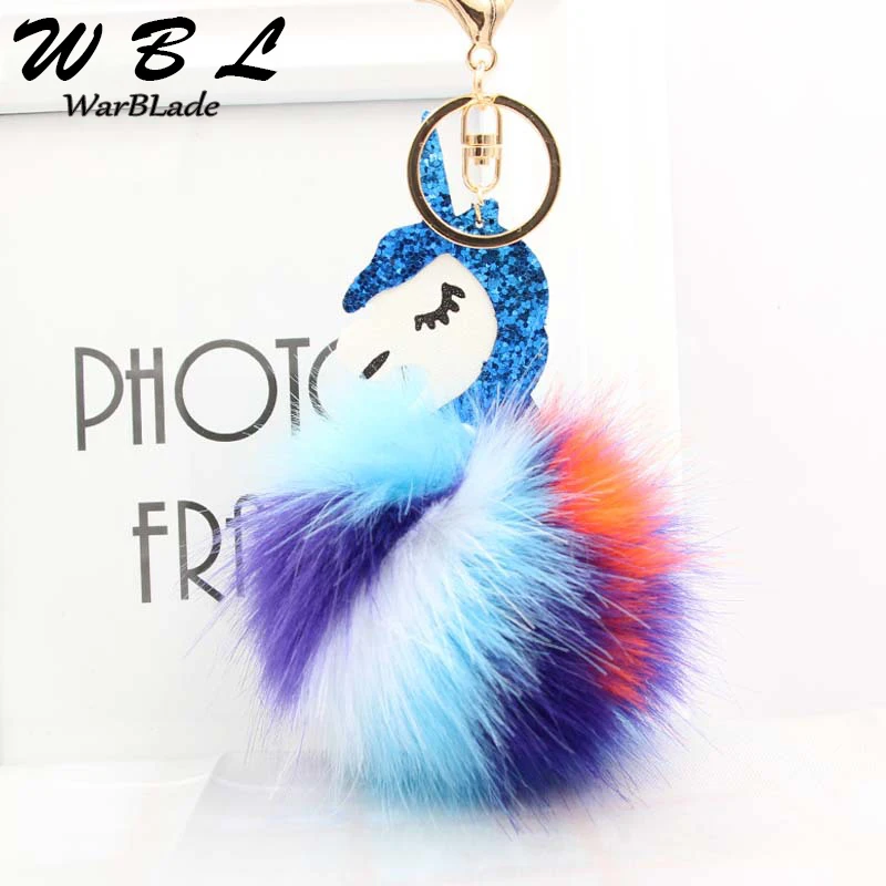 Unicorn Keychain Colorful Poms Fake Rabbit fur ball Fluffy Key Pompom Chain Horse porte clef Wome Bag Car Keyring llavero mujer