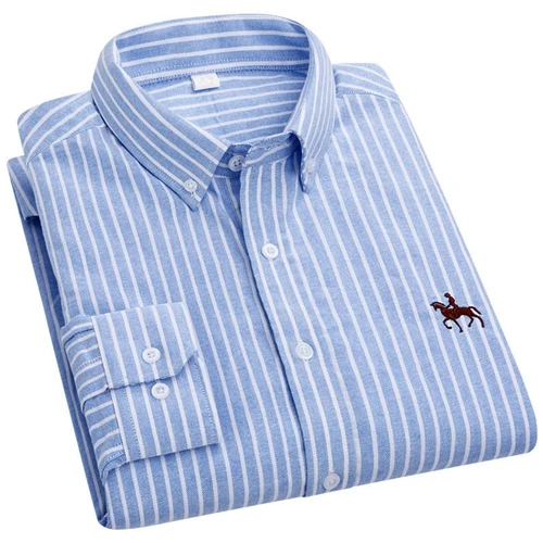 Y1921 blue stripe Полосатый Оксфорд хлопок мужские деловые рубашки в повседневном стиле Новое поступление Вышивка Узор длинный рукав Твердые офисные мужские платья рубашки - Цвет: Y1921 blue stripe