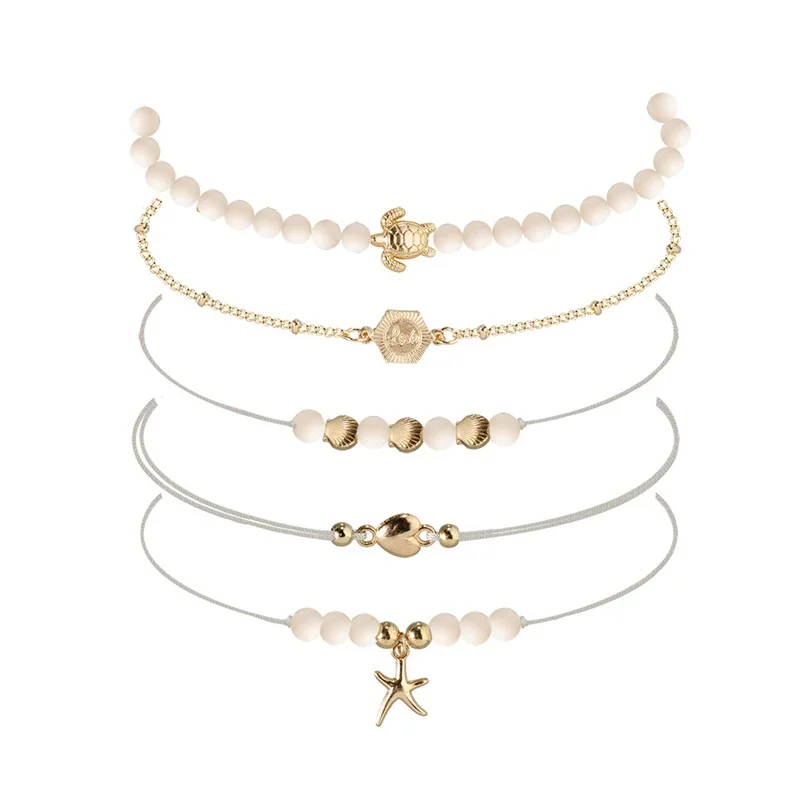 5 шт./компл. Для женщин Boho Раковина Морская звезда черепаха сердце из бисера кожаный многослойный браслет набор Для женщин модная золотая цепочка браслет подарок