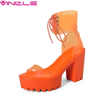 

VINLLE 2020 PU Leather Fluorescent Summer Women Pumps Fashion Lace Up Platform Sandals Square High Heel Ladies Shoes Size 34-43