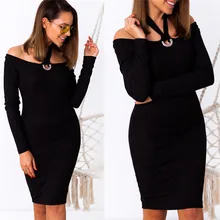 Vrouwen Herfst Jurk Sexy Halter Een Schouder Lange Mouwen Jurk Effen Kleur Slim Knielange Jurk Office Lady Bodycon jurk(China)